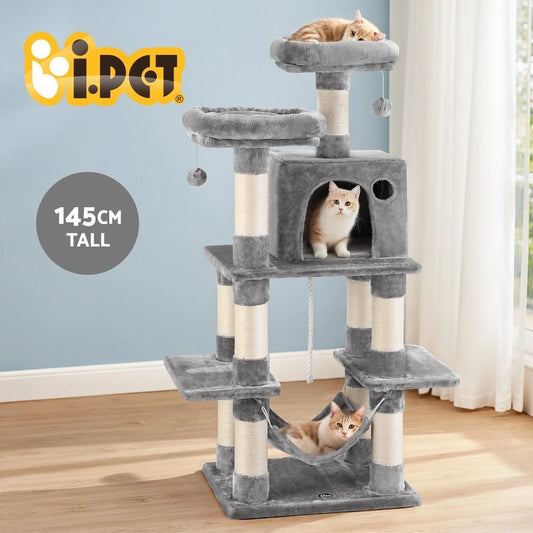 i.Pet Cat Tree 145cm Tower Scratching Post Scratcher Condo House Light Grey