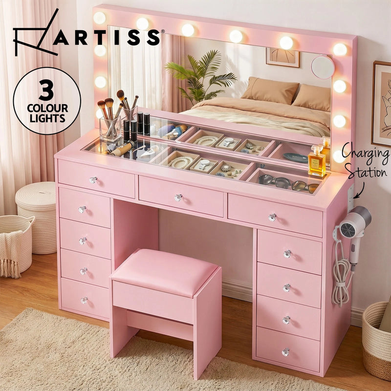 Artiss Dressing Table LED Vanity Desk Set Stool Charging Station Mirror Pink