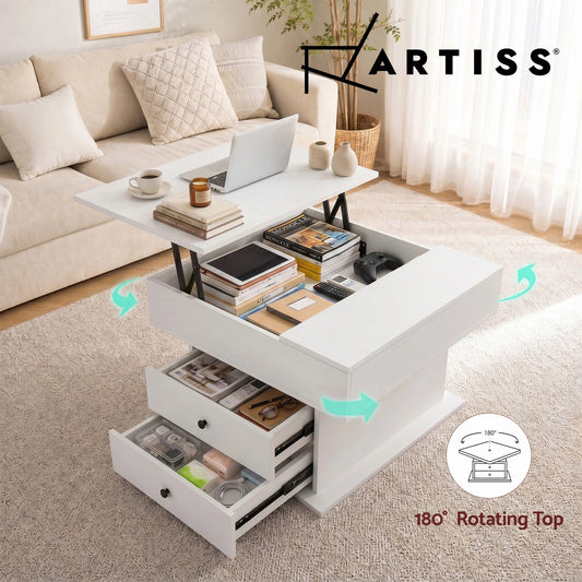 Artiss Lift Top Coffee Table Centre Table with Rotating Top Hidden Storage White