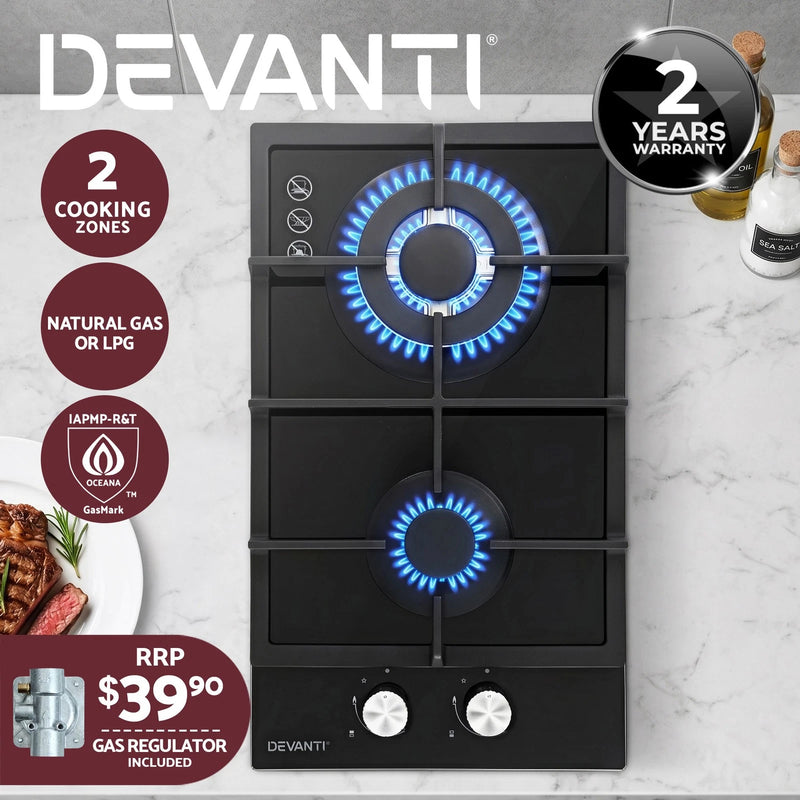 Devanti Gas Cooktop 30cm 2 Burner Built-in Stove Glass Cook Top NG LPG Wok