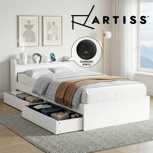 Artiss Bed Frame KING SINGLE Size with Charging Ports and 2 Drawers White