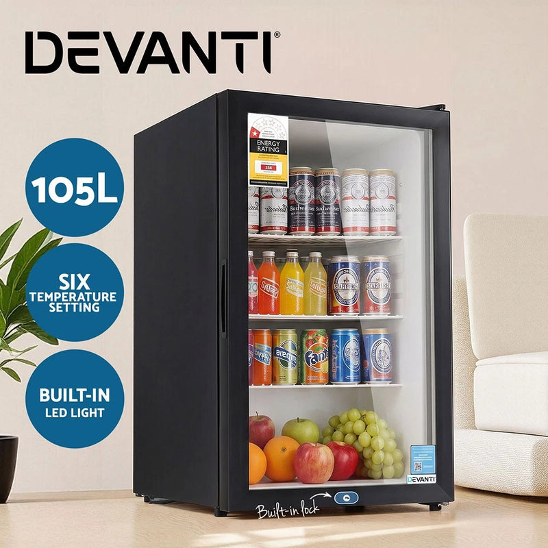 Devanti 105L Bar Fridge Glass Door Mini Fridge Countertop Freestanding Cooler BK