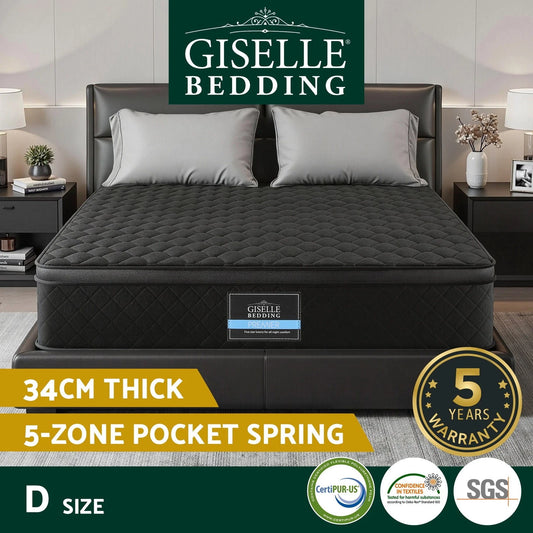Giselle Bedding Double Mattress 34cm Euro Top with 5-Zone Pocket Spring Support Black