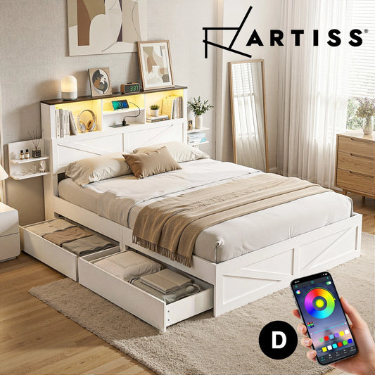 Artiss DOUBLE Platform Bed Frame with Drawer Charging Station Led Light White