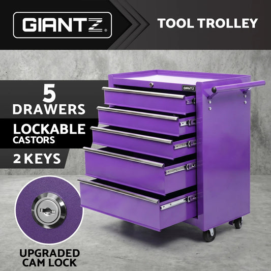 Giantz 5 Drawer Tool Trolley Box Cabinet Chest Storage Toolbox Cart Purple