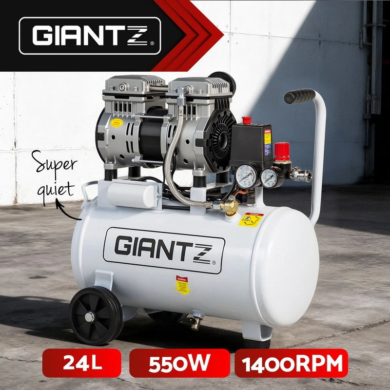Giantz 24L Air Compressor Quiet 0.75HP Oil-Free Portable Tyre Inflator 40L/Min