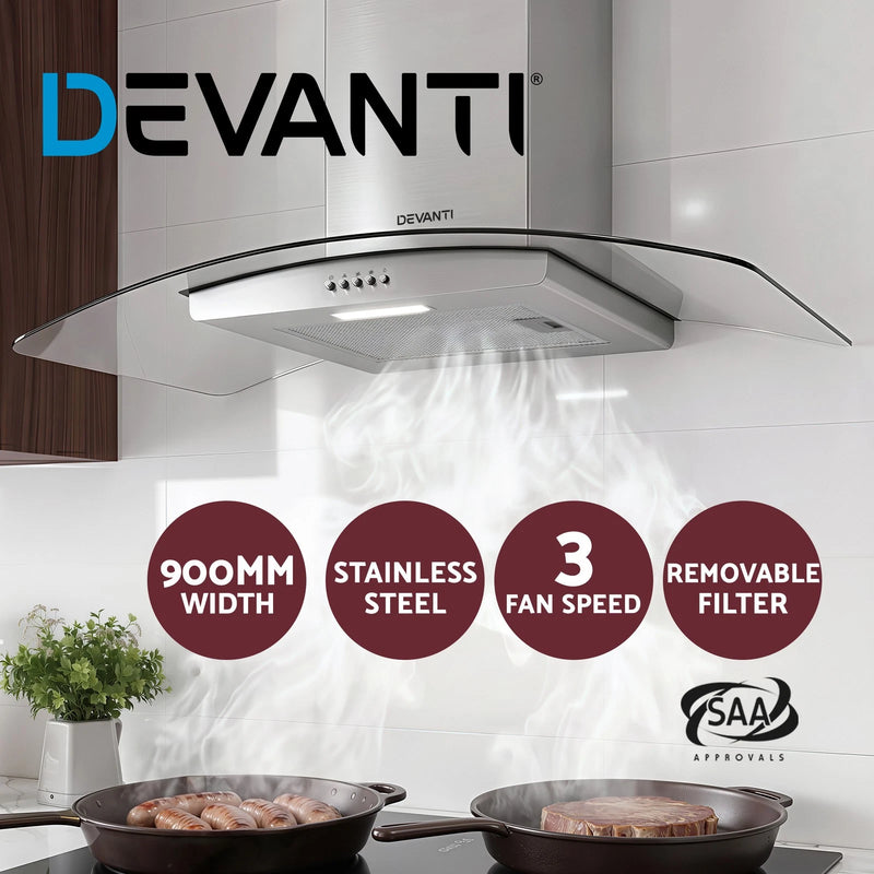 Devanti 90cm Range Hood Curved Glass Canopy Rangehood Kitchen Exhaust Fan