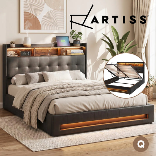 Artiss QUEEN Bed Frame Gas Lift Storage LED Lights Charging Station Headboard