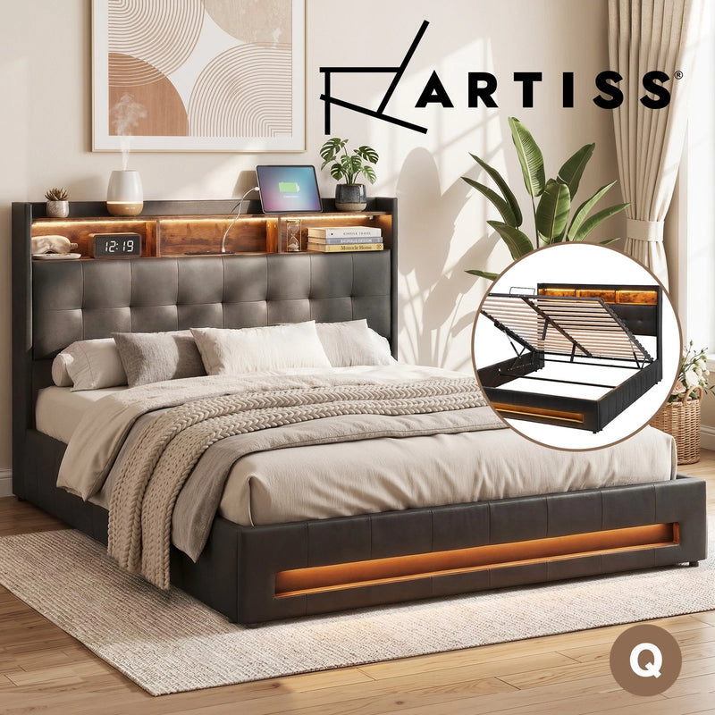 Artiss QUEEN Bed Frame Gas Lift Storage LED Lights Charging Station Headboard