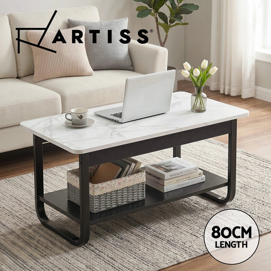 Artiss Coffee Table 2-Tier Marble Finish U-Shaped Sofa Side Table Black & White