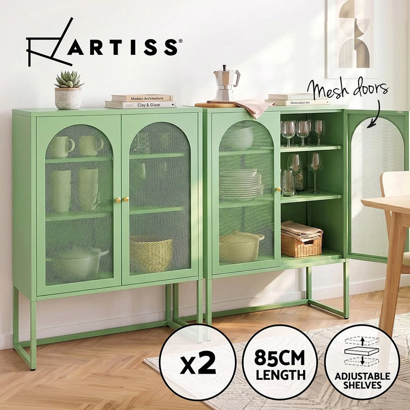 Artiss 2x Buffet Sideboard Cabinet ELMA Cupboard Storage Mesh Doors Metal Green