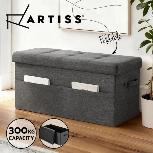 Artiss Storage Ottoman Foot Stool Rest Foldable Faux Linen Fabric 76cm Grey