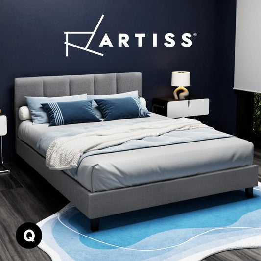 Artiss Bed Frame QUEEN Size Mattress Base Wooden Platform Fabric Grey TINO