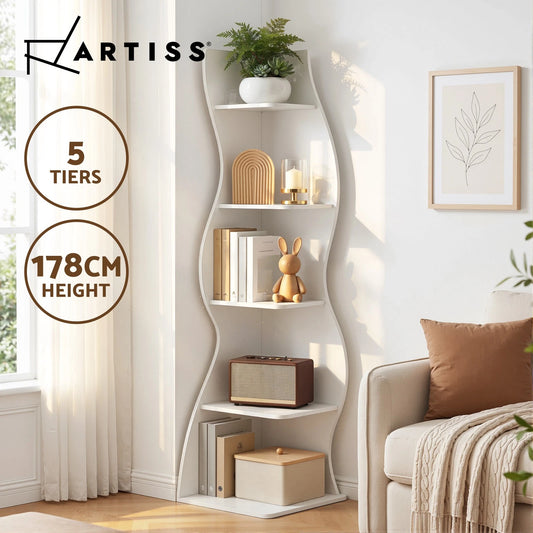 Artiss 5-Tier Bookshelf Corner Shelf S-shaped Small Bookcase Storage Rack White
