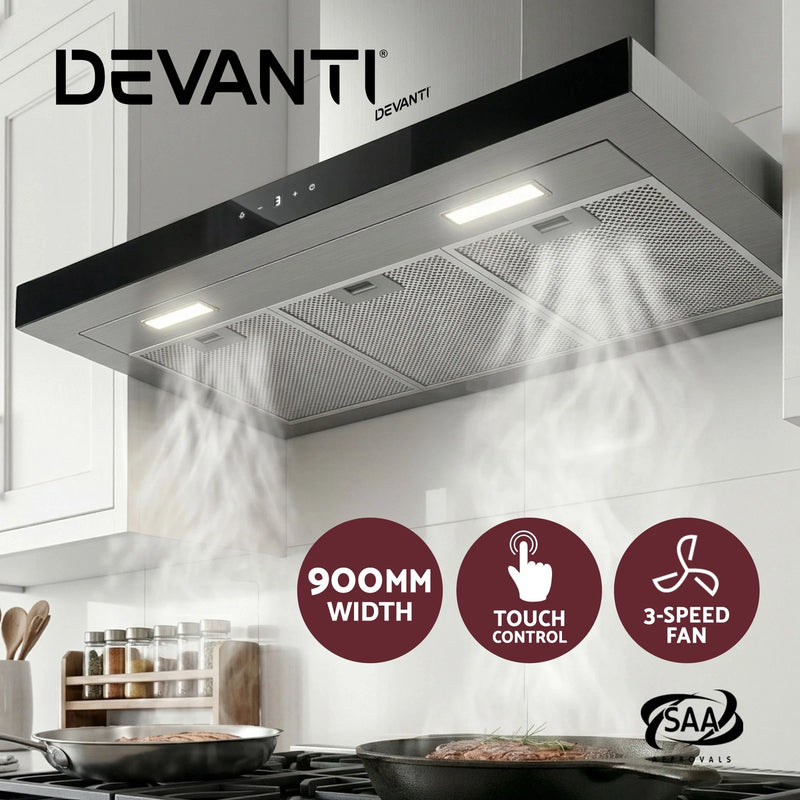 Devanti 900mm Range Hood 90cm Rangehood Stainless Steel Glass Kitchen Canopy