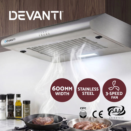 Devanti 600mm Range Hood 60cm Rangehood Kitchen Canopy LED Light Stainless Steel