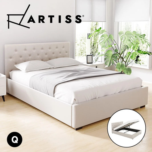 Artiss Bed Frame QUEEN Size Gas Lift Storage Mattress Base Wooden Beige VILA