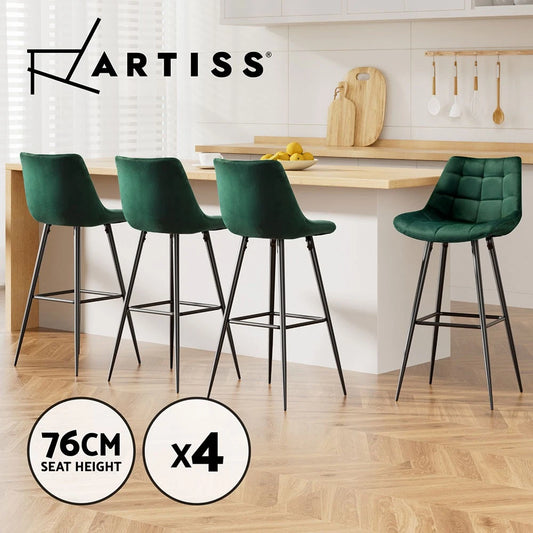 Artiss 4x Bar Stools Kitchen Counter Stool Velvet Padded Chairs Metal Green