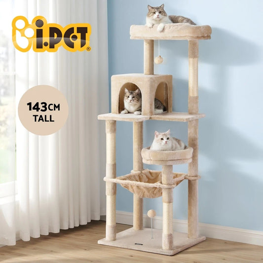 i.Pet Cat Tree 143cm Tower Scratching Post Trees Scratcher Condo House Beige