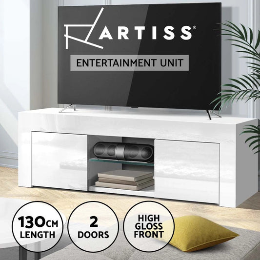 Artiss Entertainment Unit Stand TV Cabinet 130cm Glass Shelves White Ivan
