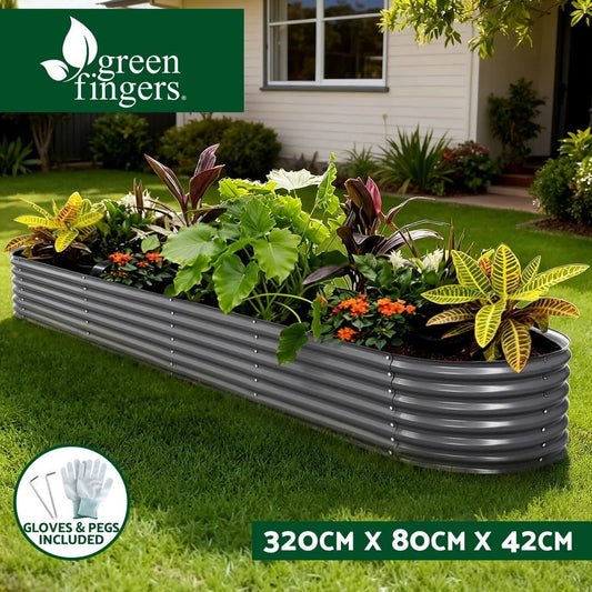Green Fingers Garden Bed 320X80X42cm Oval Planter Box Raised Container Galvanise