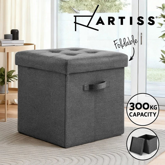 Artiss Storage Ottoman Rest Foot Stool Foldable Faux Linen Fabric 40cm Grey