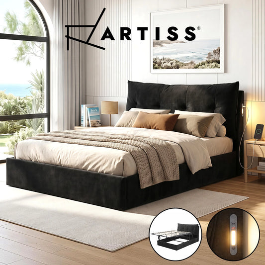 Artiss QUEEN Bed Frame Horizontal Gas Lift Storage LED Light USB Type-C Charging