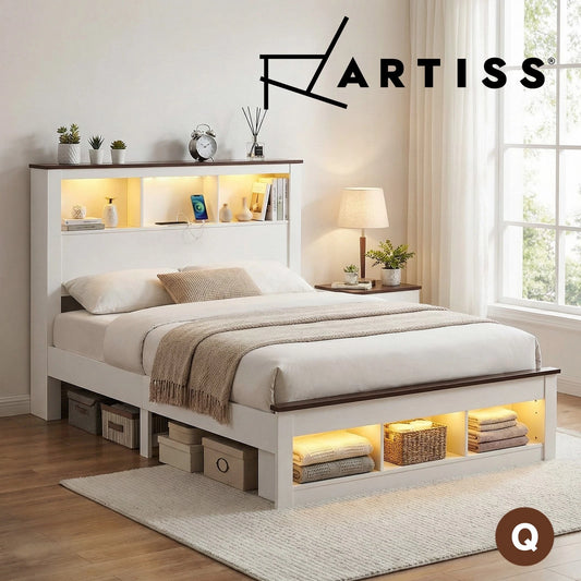 Artiss QUEEN Storage Bed Frame White Wooden Platform with USB and Led Light