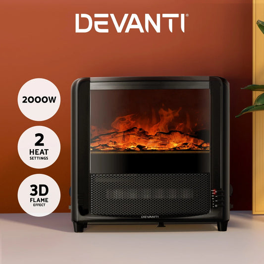 Devanti Electric Fireplace Fire Heater 3D Flame Effect Heaters Indoor 2000W
