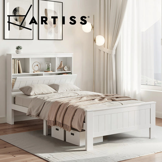 Artiss Bed Frame KING SINGLE Size Wooden Mattress Base with 3 Shelves Headboard