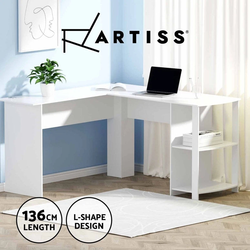 Artiss Computer Desk Shelf Cabinet L-Shape Home Office Study Table White 136CM