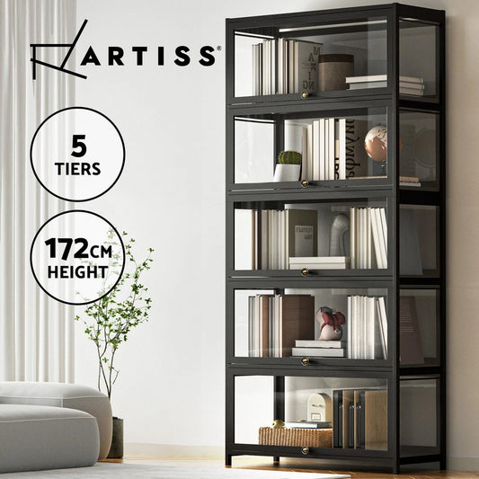Artiss Display Cabinet 5-Tier Clear Storage Bookshelf Stand Rack Bookcase Black