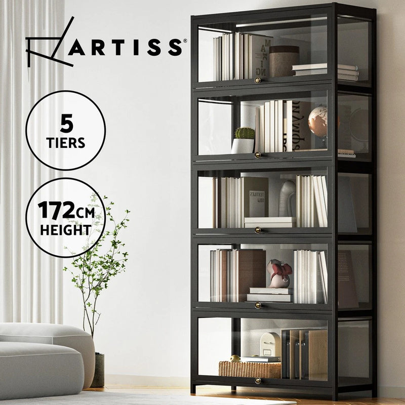 Artiss Display Cabinet 5-Tier Clear Storage Bookshelf Stand Rack Bookcase Black