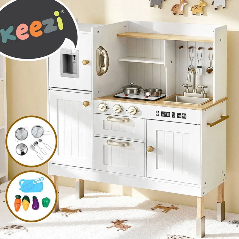 Keezi Kids Kitchen Play Set Wooden Pretend Toys Cooking Children Storage Golden