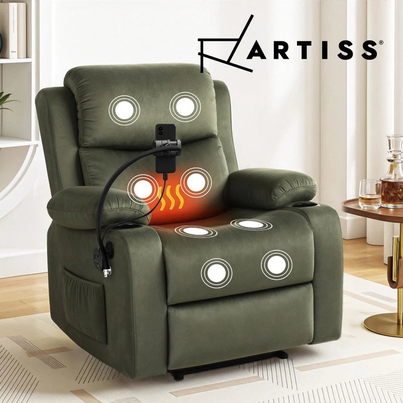 Artiss Massage Recliner Chair Velvet Armchair Lounge Sofa with Phone Holder USB