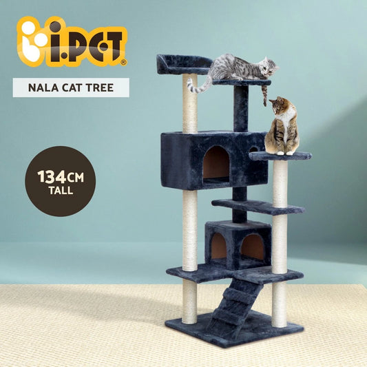 i.Pet Cat Tree Tower Scratching Post Scratcher 134cm Wood Condo House Bed Grey
