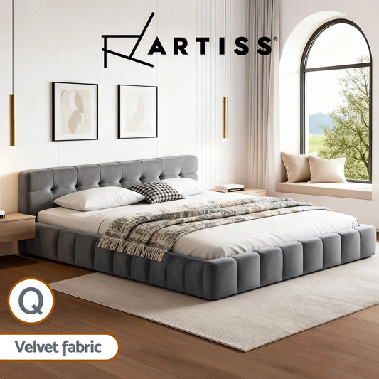 Artiss QUEEN Size Bed Frame Plush Soft Headboard Velvet Platform Base Grey