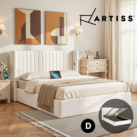 Artiss DOUBLE Bed Frame with Gaslift Storage and USB-C Charging Ports Velvet