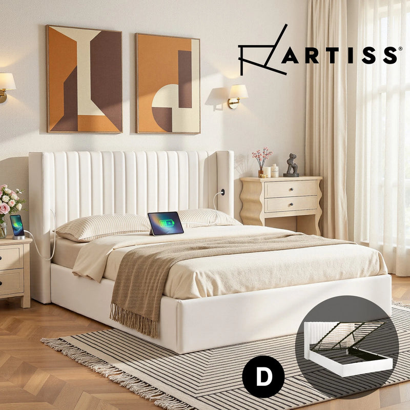 Artiss DOUBLE Bed Frame with Gaslift Storage and USB-C Charging Ports Velvet