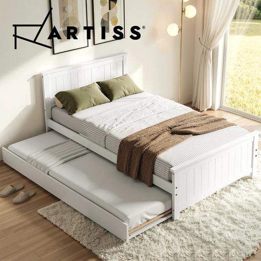 Artiss SINGLE Bed Frame with Trundle Solid Wood Toddler Bunk Bed with Headboard White