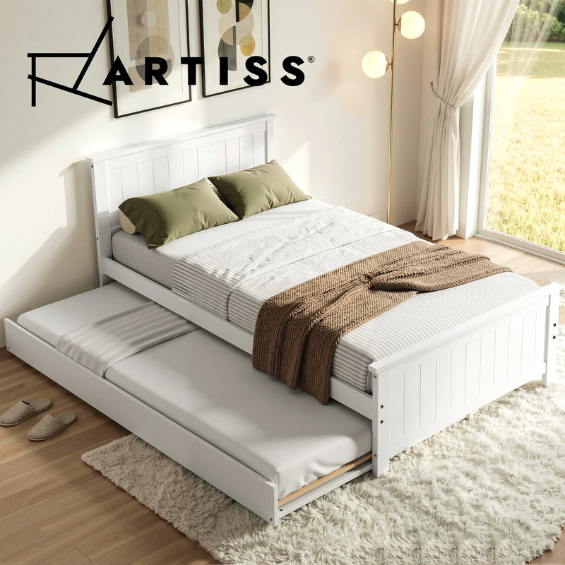 Artiss SINGLE Bed Frame with Trundle Solid Wood Toddler Bunk Bed with Headboard White