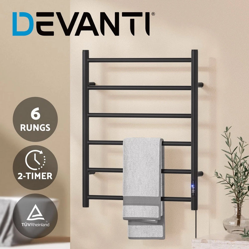Devanti Heated Towel Rail 6 Round Bars with Timer Electric Heater Warmer Rack
