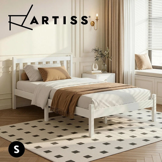 Artiss Bed Frame Single Size Wooden Mattress Base Timber Platform White SOFIE