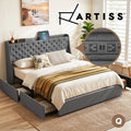 Artiss KING Bed Frame with 4 Storage Drawers Charging Station Tufted Headboard