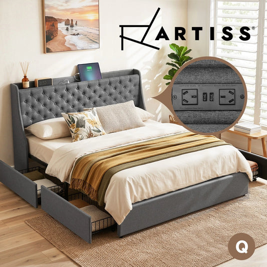 Artiss KING Bed Frame with 4 Storage Drawers Charging Station Tufted Headboard