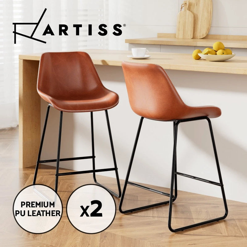 Artiss 2x Bar Stools Kitchen Dining Chairs Counter Stool Leather Metal Brown