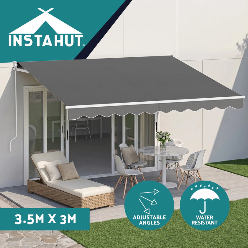 Instahut Retractable Folding Arm Awning Manual Sunshade 3.5M X 3M Grey