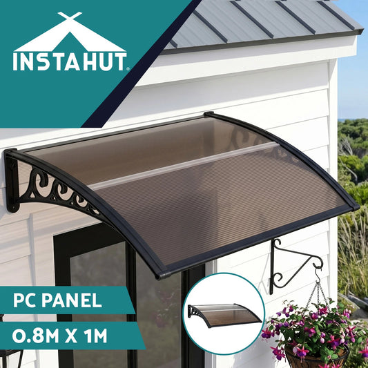Instahut Window Door Awning 0.8mx1m Brown Hollow PC Panel Plastic Frame