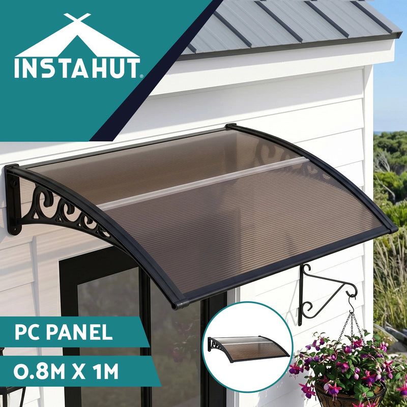 Instahut Window Door Awning 0.8mx1m Brown Hollow PC Panel Plastic Frame