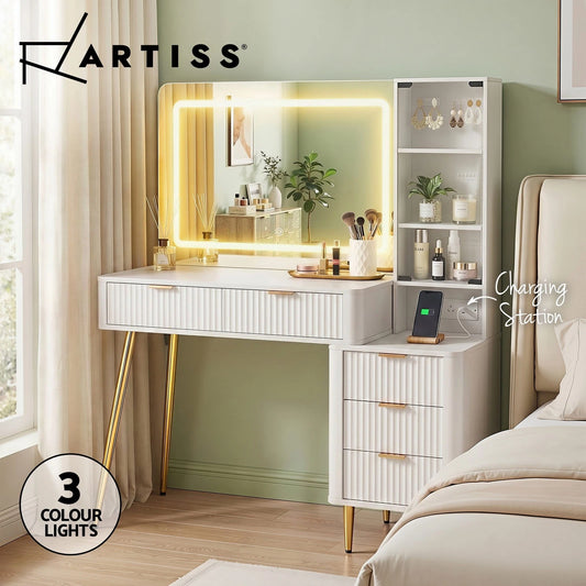 Artiss Dressing Table LED Mirror Vanity Desk Power Outlet Fluted Drawer White